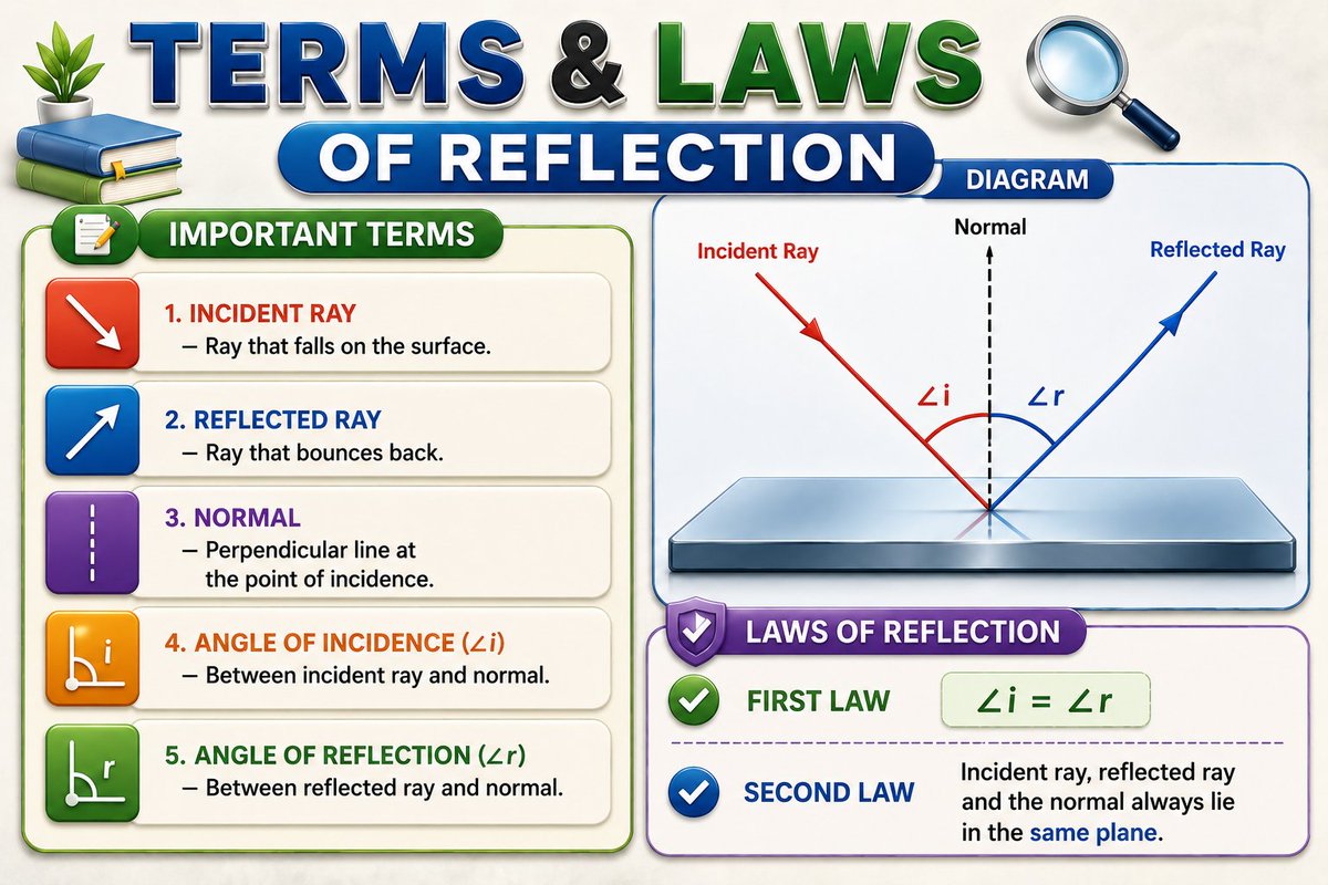 ByteBooksHQP's tweet photo. 💡 Reflection of Light – Quick Revision! 🪞
✅ Definition
✅ Laws of Reflection (∠i = ∠r)
✅ Regular vs Irregular Reflection
✅ Types of Mirrors
✅ Exam-Oriented Quick Facts
Perfect for UPSC, SSC, PCS, NDA, NEET & JEE aspirants.
#ReflectionOfLight #Physics #UPSC #SSC #NEET https://t.co/DCZJ9fx4FT