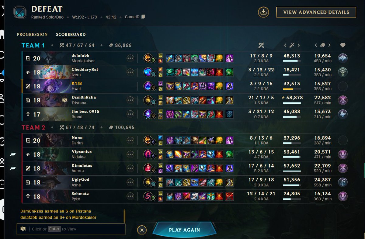 K1JB17's tweet photo. @drewlevin why didnt the disrupting player tool end this game? tristana went midlane after minute 4, stealing my lane and killing my quest progression, brand dying TWENTYONE times, tristana wishing us c*ncer and more.. gameid: 7909464459 please have a look at this game https://t.co/CYpUbTQbrT