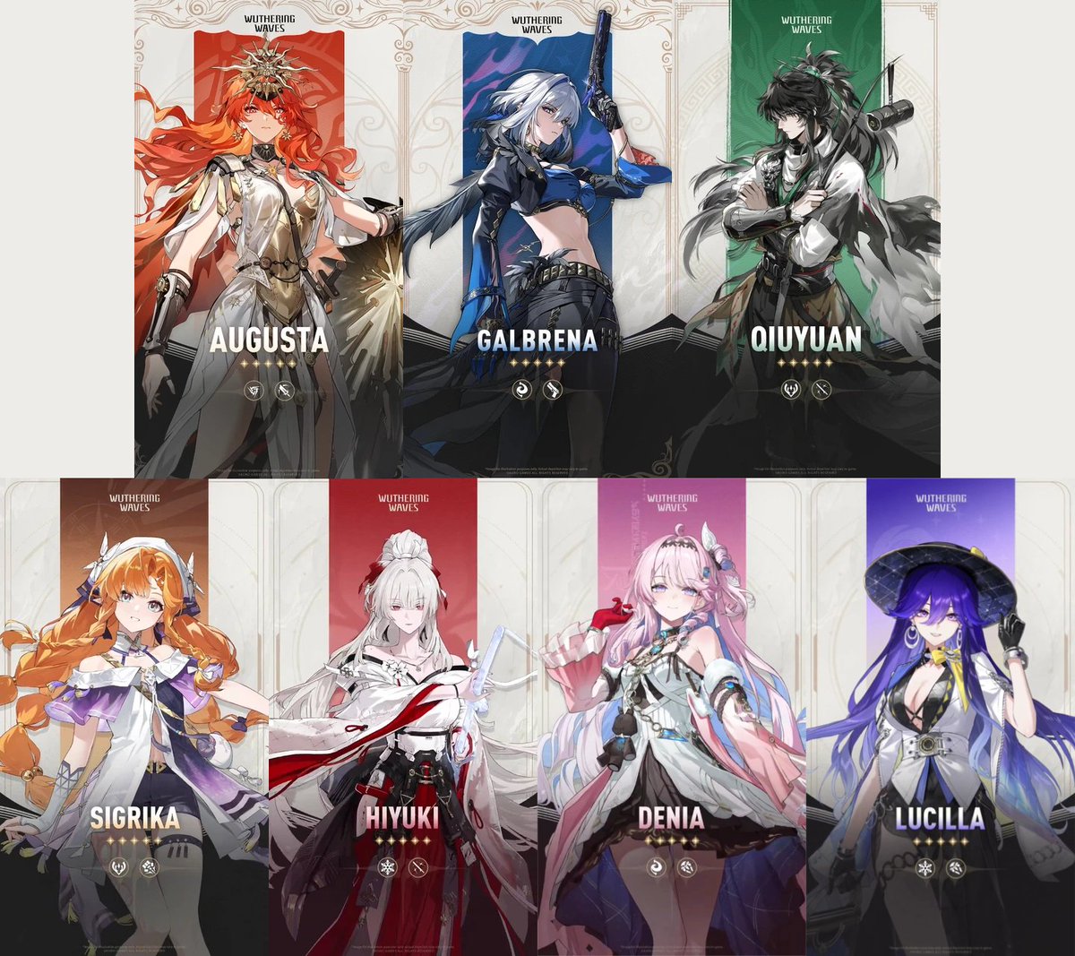 KuroooSchmoyo's tweet photo. Reruns to be expected in 3.6 - 3.8:

- Augusta
- Galbrena
- Qiuyuan
- Sigrika
- Hiyuki
- Denia
- Lucilla

(Note that the order is still unknown, and rerun lists are subject to change.)

#WutheringWaves #WuWa https://t.co/h7DK5ewC1I