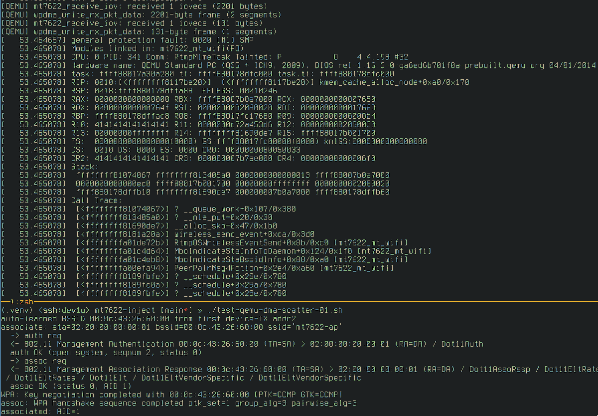 hyprdude's tweet photo. major progress on the emulated mt7622 project -- network transport, interrupts, DMA scatter, and a lil injector script to emulate a STA with real 80211 frames. good enough to trigger one of the over-the-air bugs in the wifi driver ;) https://t.co/h8ZieiQE6P