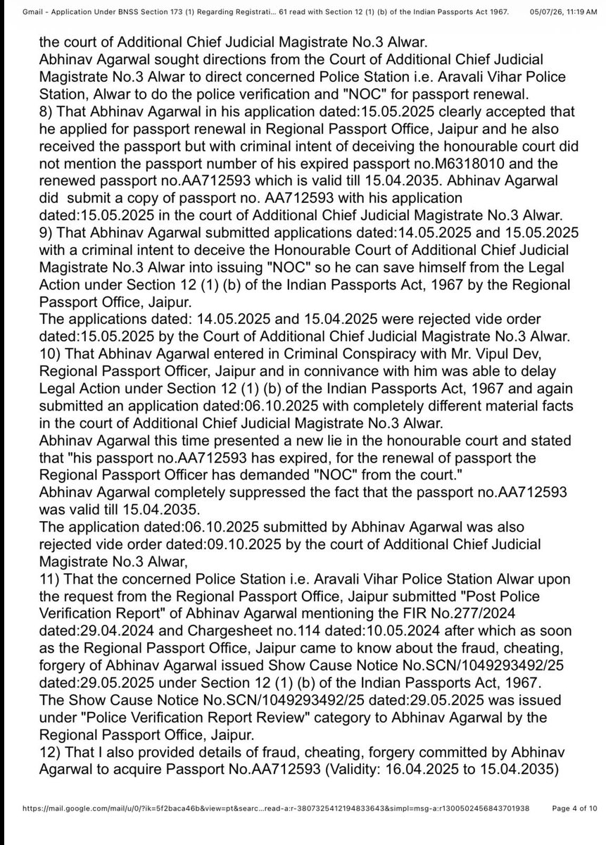 kushalmighty07's tweet photo. Respected @Rajeev_ips sir
After Mr. Rameshwar Lal, SHO, #AravaliViharPoliceStation , @AlwarPolice station refused to register #FIR on my complaint dated:03.07.2026 disclosing #CognisableOffences against Abhinav Agarwal, I sent the same complaint through Speed Post which was delivered on 04.07.2026 and the details of the crimes committed by Abhinav Agarwal were sent through email dated: 05.07.2026 to your office, SHO, @sudheerchoudhry sir, @rahulprakashIPS sir and CM @BhajanlalBjp ji.
As mandated in #BNSS Section 173 (1), I will be visiting Aravali Vihar Police Station, Alwar at around 11:00 AM to sign the copy of email.
I hope Mr. Rameshwar Lal, SHO will register #ZeroFIR tomorrow as per directions of the #SupremeCourt in Lalita Kumari vs. State of Uttar Pradesh and I hope there will be no intimidation and threatening inside the Police Station.
@RajPoliceHelp @PoliceRajasthan @RajCMO @KumariDiya @HMOIndia @PMOIndia @INCRajasthan @BJP4Rajasthan @barandbench @LiveLawIndia @LawChakra @narendramodi @ashokgehlot51
#MonsoonSessiom2026 #Parliament #Rajasthan #Gujarat #RamMandir #Ayodhya #Gujarat #RajasthanPolice
