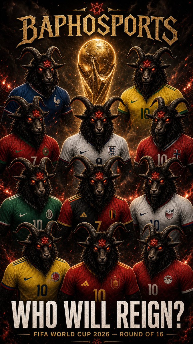 BaphomeNFT's tweet photo. 🐐 The Goat presides over all kingdoms.

12 nations remain. Their fate weighed not by men, but by ancient forces. Each jersey a covenant. Each match a ritual. The trophy is the unholy grail — only one carries Baphomet's blessing to claim it.

⚔️ WHO WILL REIGN? — #WorldCup2026 Round of 16

#BaphoSports #Baphomet #NFT #NFTArt #DarkArt #BaphomeNFT #FIFAWorldCup2026