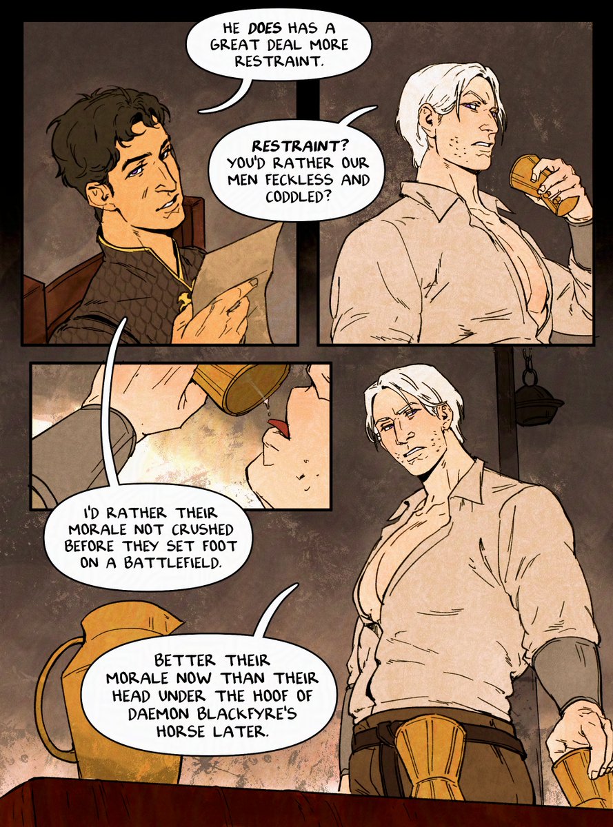 bluegiragi's tweet photo. in the midst of mustering their forces against the blackfyres, maekar and baelor targaryen have a chat inside their tent. #akotsk https://t.co/pFpfabGeha