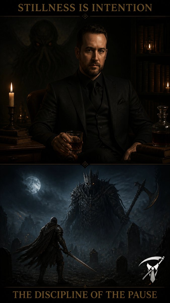 Baelzee's tweet photo. Movement is reaction. Stillness is intention. Know when to move. Know when to be unmovable.

#GentlemanBerserker #EldenRing #Soulslike #DarkFantasy #GamingContent #Streamer #TwitchStreamer https://t.co/hZ68Of2Iqh