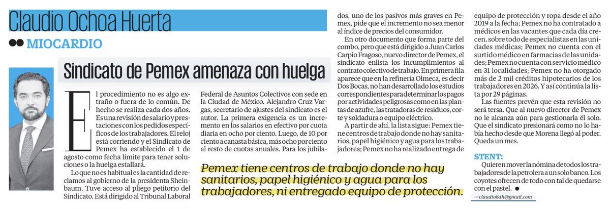 bereaguilarv's tweet photo. ¡Ups! El sindicato de Pemex amenaza con irse a huelga a partir del 1 de agosto:

Hay centros de trabajo donde no hay sanitarios, papel higiénico y agua para los trabajadores. 

No han entregado equipo de protección y ropa desde 2019.  

No ha contratado a médicos en las vacantes que cada día crecen y así. 
@ClaudioOchoaH