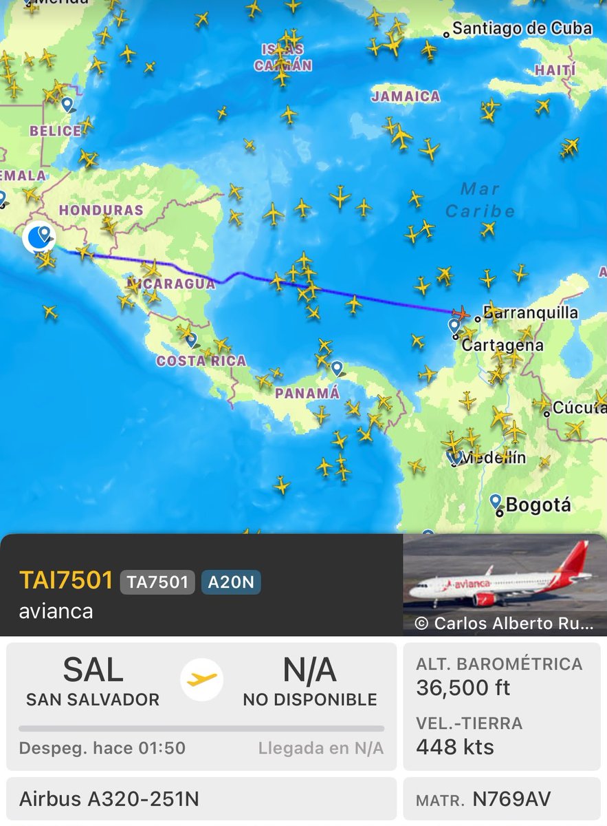 ultimahsv's tweet photo. #Internacionales | ✈️🇸🇻🇻🇪 Trayectoria del vuelo de Avianca que partió desde San Salvador, El Salvador, con destino a Maiquetía, Venezuela, para el traslado de rescatistas salvadoreños que relevarán a parte del contingente en territorio venezolano, además, de un nuevo cargamento de ayuda humanitaria.