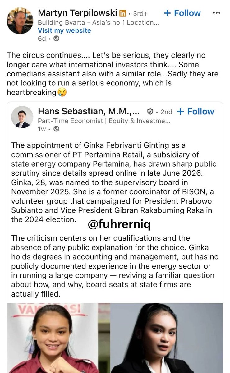 fuhrerniq's tweet photo. “THE CIRCUS CONTINUES” WAKKAKA. 

INDONESIA DI MATA INTERNASIONAL KEKNYA UDAH JADI BAHAN LAWAKAN YA🤣🤣

Lama ga buka LinkedIn malah nemu kaya gini. Martyn Terpilowski yg perna bicara kenapa banyak investor kabur dari Indonesia dan kena palak waktu usaha di Indonesia bilang kalo:

- Indo udh ga peduli lagi apa kata investor internasiona.
- menyoroti asisten komedian yang dapat posisi serupa (komisaris)
-Indo dianggap tidak niat menjalankan ekonomi secara serius. 

WOKK TOLONGIN WOKKK😭😭😭