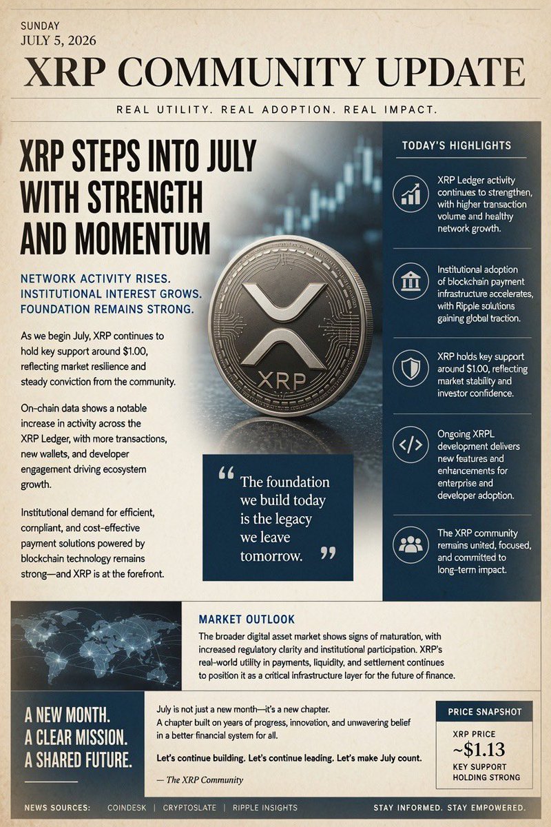 imkamilahXRP's tweet photo. Good Morning 🌅 XRP Family 🤍

Happy Sunday😇

As we move deeper into July, XRP steps into the month with strength and growing momentum. Network activity on the XRP 
Ledger continues to rise with higher transaction volumes, new wallets, and developer engagement. Institutional interest in efficient blockchain payment solutions remains strong, while XRP holds key support with real conviction from the community.
The foundation we build today is the legacy we leave tomorrow.

This is more than price action  it’s about real utility, expanding adoption, and long term impact. Stay focused, stay united, and let’s make the rest of July count.
The best is still ahead.
Let’s keep building🚀

#XRP #XRPL #Ripple #XRPCommunity #Crypto #DigitalPayments #Blockchain #RealUtility