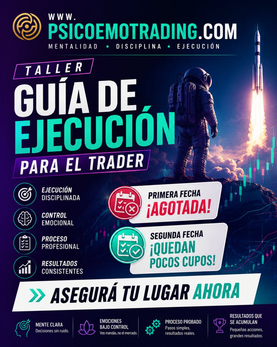 fullscalping's tweet photo. 📅 16 de julio: última fecha disponible
La primera ya se agotó y quedan pocos cupos para el taller Guía de Ejecución para el Trader.
Entrá a https://t.co/CPjaU9SomT y asegurá tu lugar.
#Psicotrading #Trading #PsicologiaDelTrading #Trader #MindsetTrader #Ejecucion #Disciplina https://t.co/oYzxYI9Ecd