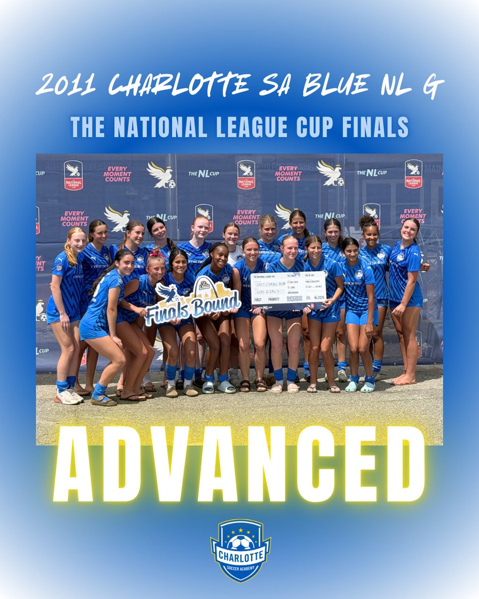 CSA_Soccer's tweet photo. Advanced! ⏭️

Congratulations to 2011 Charlotte SA Blue NL G who have advanced to The @NationalLeague Cup Finals! We wish them the best as they kick off the event 7/7 in St. Louis, Missouri!

#csaproud #postseason #csanlgirls #charlottesocceracademy https://t.co/bcCZuwy4SP
