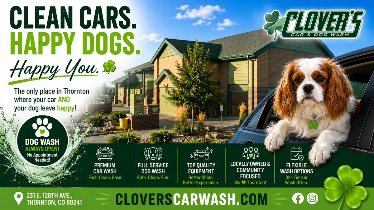 CarClover's tweet photo. Come visit Clover’s Car &amp; Dog Wash located at 231 E. 128th Ave., the #1 Rated Car Wash in Thornton.  See you soon!

#cloverscarwash https://t.co/RYgYqMw9fY