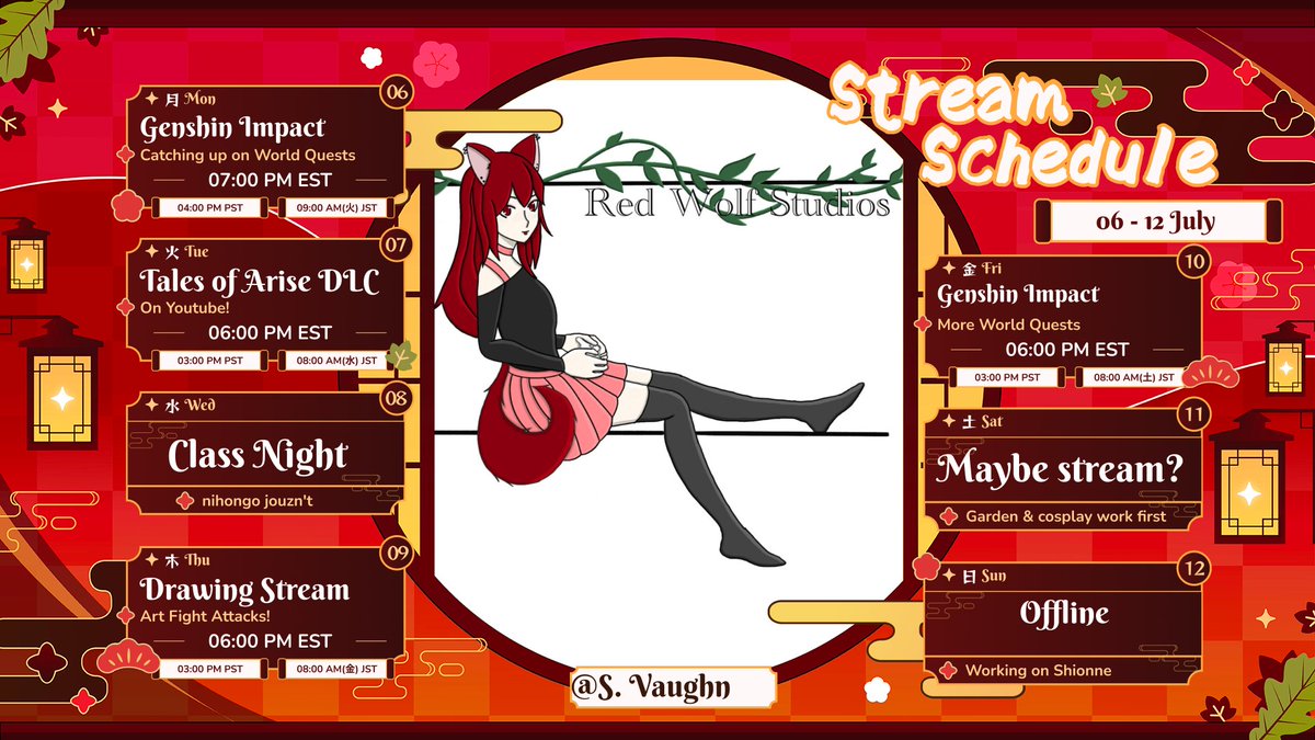 RedWolfStudiosx's tweet photo. This week's schedule, early for once! I'm off work tomorrow because I have part 2 of my sleep study, but I should still be good to stream when I get home! https://t.co/illx5Azm1C