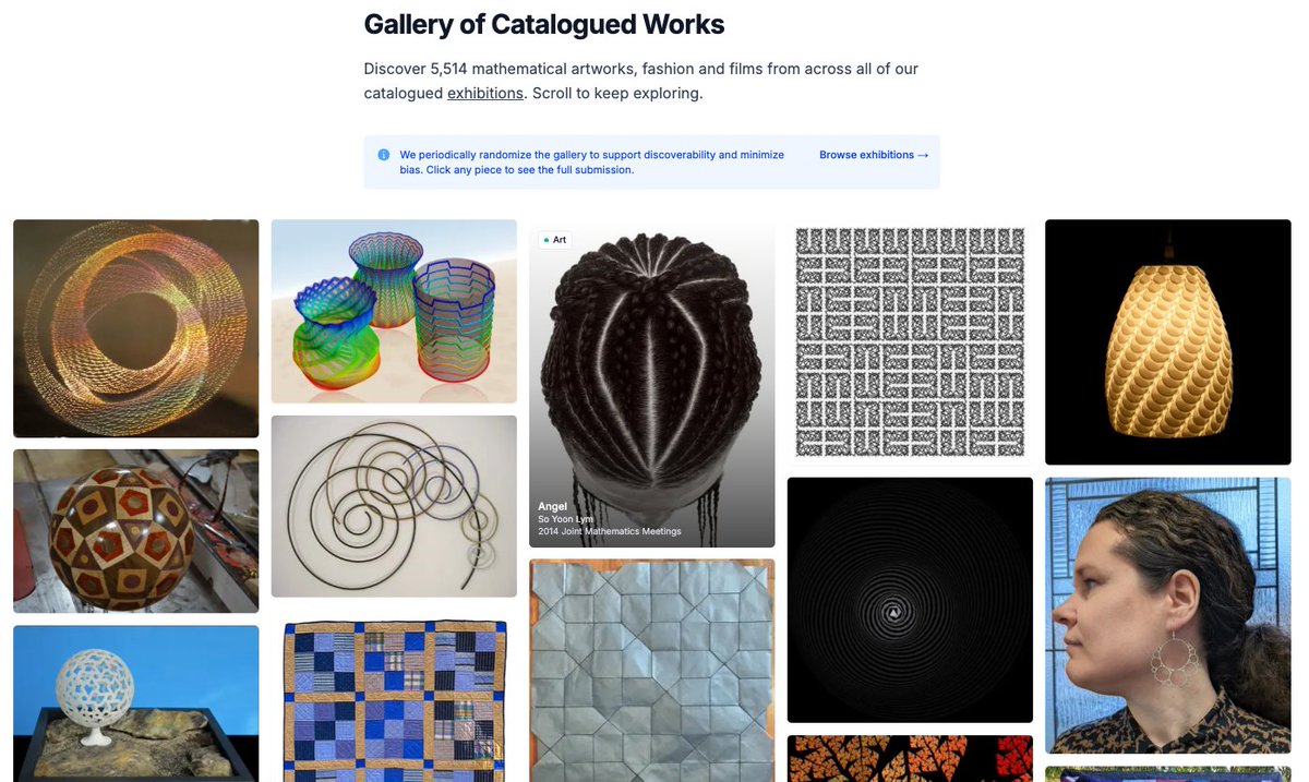 RobFathauerArt's tweet photo. Over 5,500 mathematical artworks can now be browsed in an attractive new gallery-wall layout on the Bridges website, thanks to the efforts of Nathan Selikoff: https://t.co/696tCG7wlj https://t.co/vWtYKU6lMP