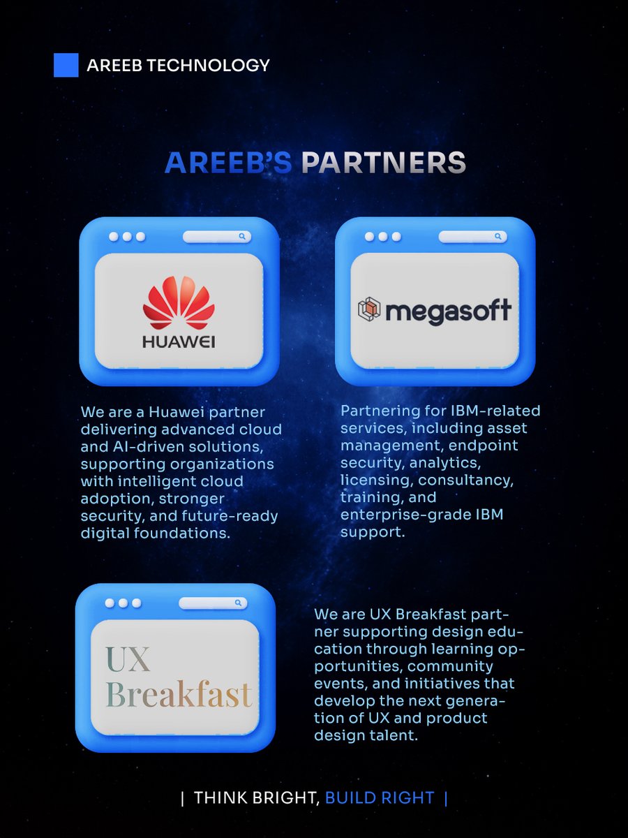 areeb_tech's tweet photo. Strong partnerships build stronger solutions.

Through our partners across technology, cloud, education, and enterprise services, Areeb Technology continues to expand its capabilities and deliver greater value to businesses.

Think Bright, Build Right. https://t.co/fTRRYIx9He