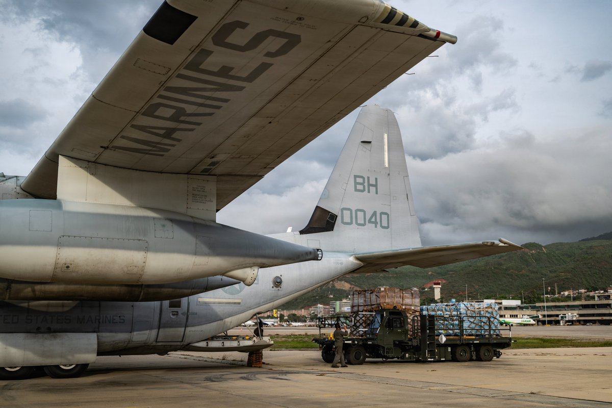 Southcom's tweet photo. Accelerating assistance to the Venezuelan people:
U.S. Airmen with the Contingency Response Element offload cargo from a U.S. Marine Corps KC-130J Super Hercules at Simón Bolívar International Airport, Venezuela, June 30, 2026.

At the direction of #SOUTHCOM, U.S. military forces are supporting @StateDept-led U.S. government relief operations following the devastating earthquakes that struck the nation on June 24, 2026.

@DeptofWar @The24MEU @usairforce @USMC @WHAAsstSecty @USForeignAssist @USAenEspanol @usembassyve