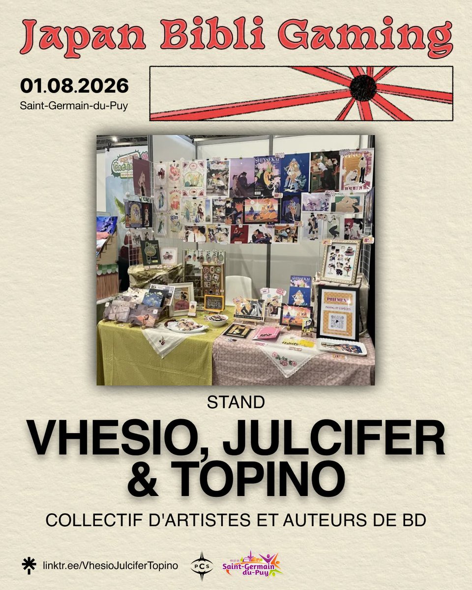 jpnbibligaming's tweet photo. 🎨 Quand plusieurs artistes réunissent leurs univers, le résultat est forcément unique !

Retrouvez le collectif Vhesio, Julcifer &amp; Topino au Japan Bibli Gaming 2026.

🖼️ Illustrations
📚 Fanzines
✨ Stickers
✍️ Créations originales
🌐 https://t.co/3IHaU3dLO7 https://t.co/IFmWqogKPY