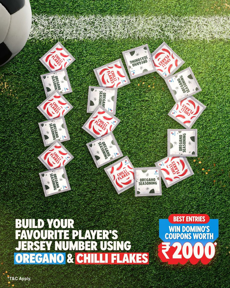 dominos_india's tweet photo. It’s your turn to recreate your favourite player’s jersey &amp; win a *₹2,000 Domino's coupon! 🌶️🍕

Create your favourite player's jersey number using Domino's Oregano &amp; Chilli Flakes sachets.
📸 Post your entry using #DominosIndia.
🏆 The most creative entries win!

*T&amp;C Apply. https://t.co/wBf92aWxht