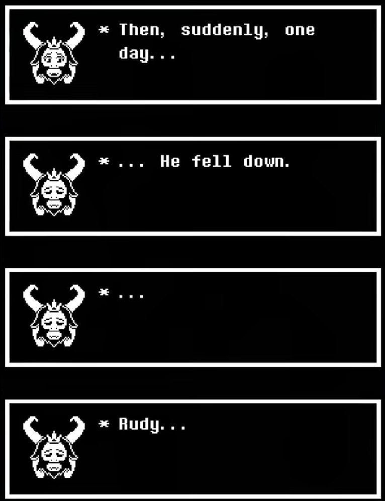 Cosmo_GXT's tweet photo. remember when rudy fucking died in undertale

toby be merciful https://t.co/3ZTtBrBSKQ