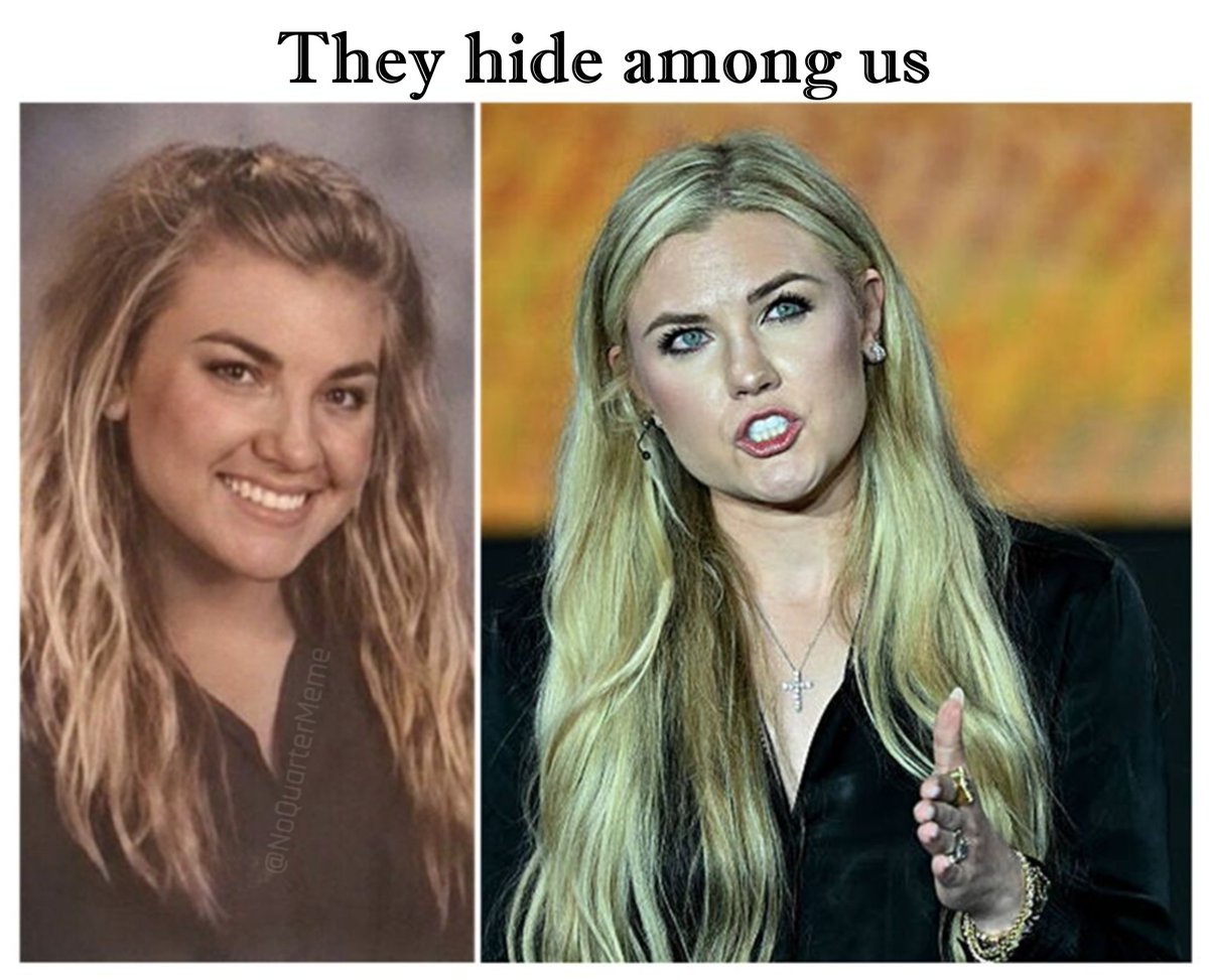 NoQuarterMeme's tweet photo. Without bleached hair and makeup, blue contacts, and a nose job you'd never know Erika Kirk was Syrian/Lebanese 😳 https://t.co/S2fwOerDMM
