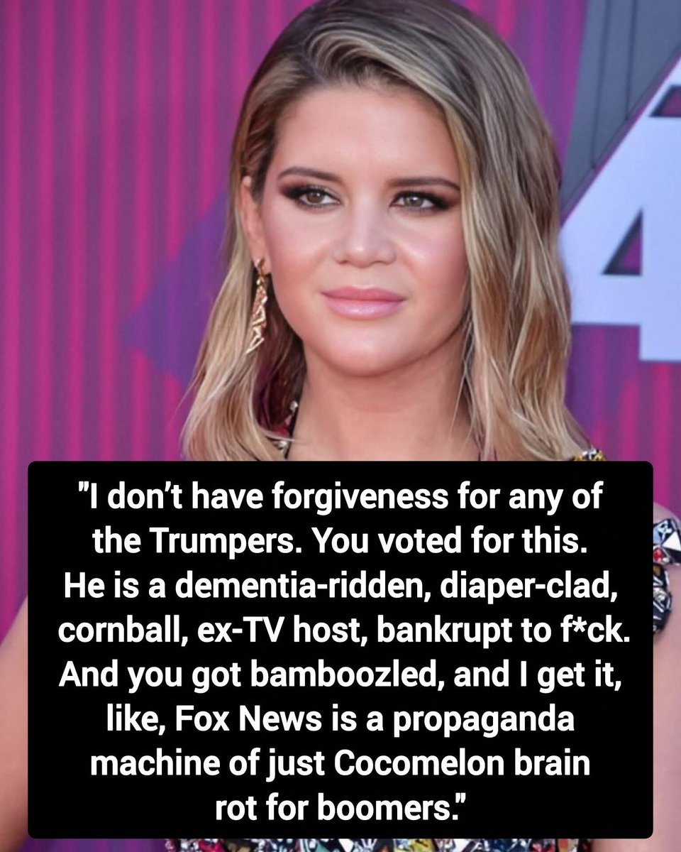 DavidJHarrisJr's tweet photo. Country singer, Marren Morris, had this to say about Trump and his voters: "I don’t have forgiveness for any of the Trumpers. You voted for this. He is a dementia-ridden, diaper-clad, cornball, ex-TV host, bankrupt to fuck. And you got bamboozled, and I get it, like, Fox News is a propaganda machine of just Cocomelon brain rot for boomers."

Thoughts?