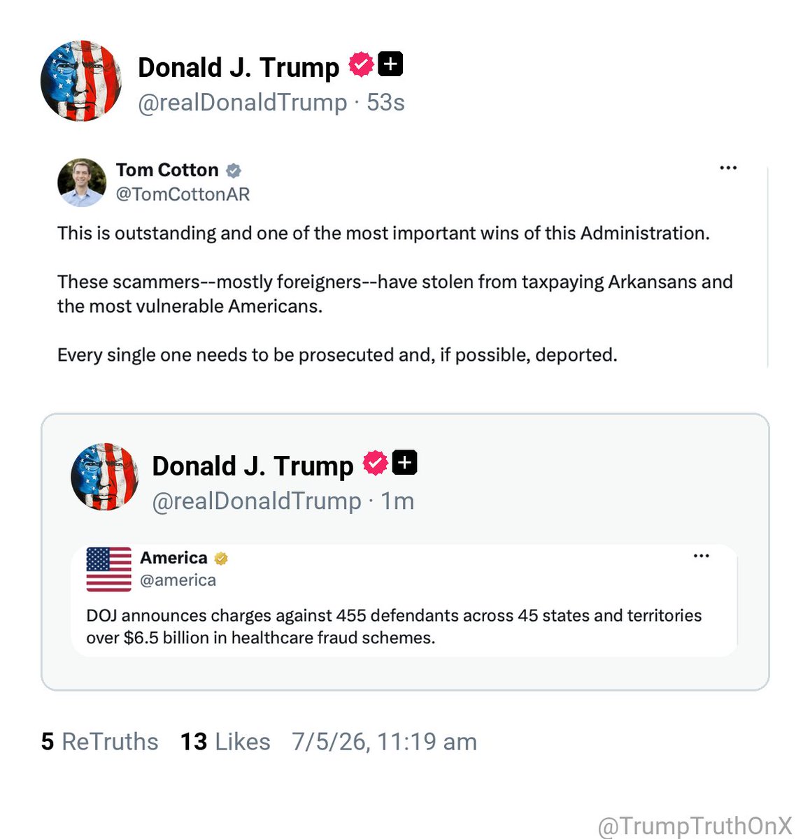 TrumpTruthOnX's tweet photo. New media post from Donald J. Trump

( TS: Jul 5 2026, 11:19 AM ET )​​​‍​​‌‍​​‌‍​​​​​​​‌‍​​​​​​​​​‌‍​​​​​​​‌‍​​​​​​​​​‌‍​‌‍​​​​​‌‍​​‌‍​​‌‍​​​​‌‍​‌‍​​​​​​​​​​‌‍​​​​‌‍​‌‍​​​​​​​‌‍​​​​​‌‍ https://t.co/KiOPu6B9V7