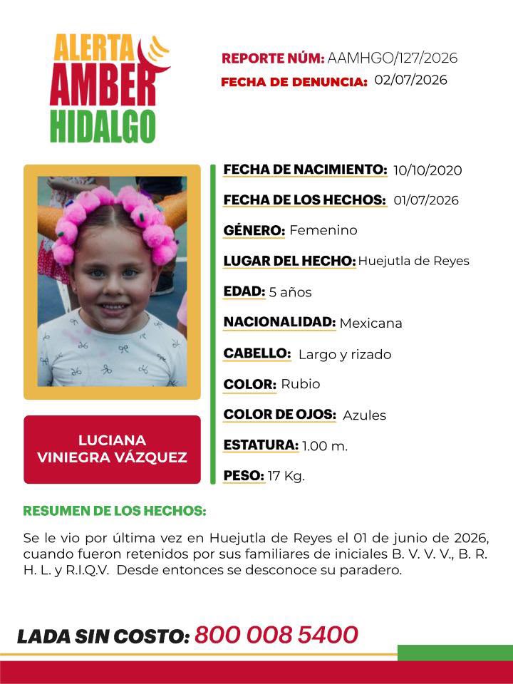 elconsejomx's tweet photo. Solicitamos su ayuda para localizar a LUCIANA VINIEGRA VÁZQUEZ y a HÉCTOR DAMIÁN VINIEGRA VÁZQUEZ de 5 años de edad. Se les vio por última vez el 01 de junio de 2026 en Huejutla de Reyes. ¡AYÚDANOS A DIFUNDIR! https://t.co/LC89T7bbX5