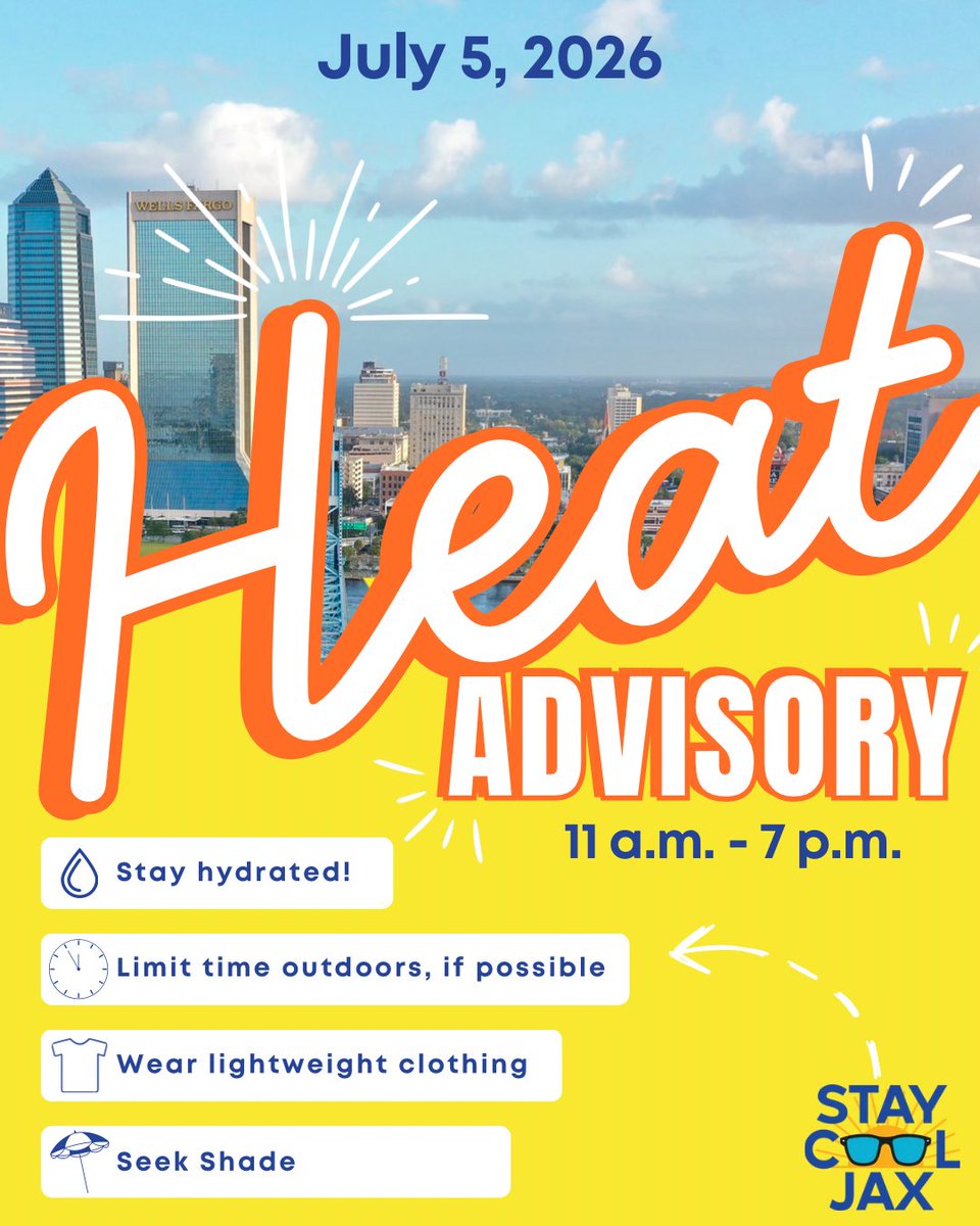 JaxReady's tweet photo. A Heat Advisory is in effect today for Duval County from 11 a.m.- 7 p.m., with heat index values up to 110° expected.

These temperatures are considered to be dangerously hot conditions for everyone, particularly for children, seniors, and individuals with medical conditions.  Keep yourself and loved ones safe:

☀️ Avoid strenuous activity during peak heat
💧 Drink water throughout the day
🏠 Take breaks indoors or in the shade
🚗 Never leave children or pets in parked vehicles
🧠 Know the signs of heat illness and act quickly

Learn more: https://t.co/xSnvCdBC48