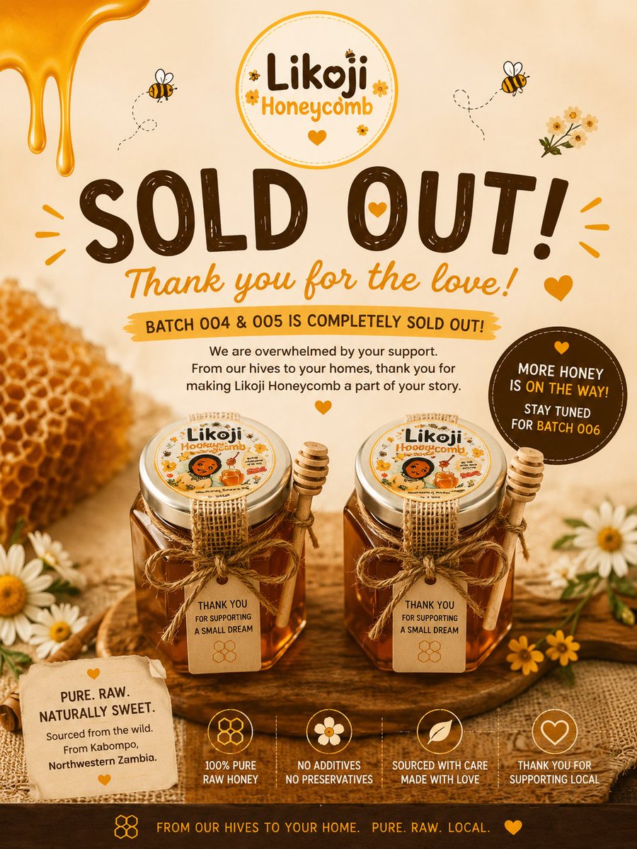 Simplyy_Wika's tweet photo. 3 weeks ago, my daughter (Likoji) started a honey business.

On day one we sold 30 mason jars.

We received fresh honey this morning from our family farm in Kabompo and she’s already sold another 30 jars, with 10 more still to be packaged for export to the US 🇺🇸.

A small businesswoman before the age of 1 ❤️

Every jar is made from honey harvested by my mother at our family farm in Kabompo, Northwestern Zambia.

We only release 30–40 jars per batch, and we are now accepting pre-orders for Batch #006, K120 for 285mls.