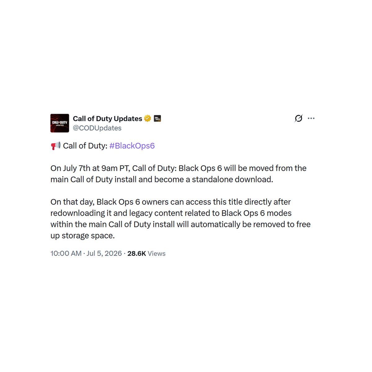 DETONATEDcom's tweet photo. Black Ops 6 will be REMOVED from Call of Duty HQ on July 7th:

💥 It will become a standalone download, and must be redownloaded separately. https://t.co/wECUXoleLR