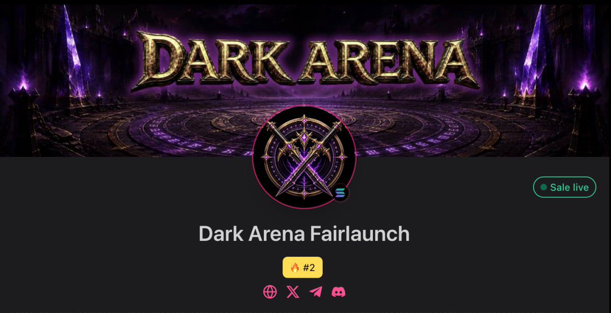 PlayDarkArena's tweet photo. $DARK is live on PinkSale

Fairlaunch. Same price for everyone. LP burned the moment liquidity lands

What you're backing: On-chain card battle RPG on Solana. Collect cards, build your deck, beat epic bosses, earn $DARK

Closes July 8, 19:00 UTC

https://t.co/ULoBgmMK4J https://t.co/8sOGzuuonu