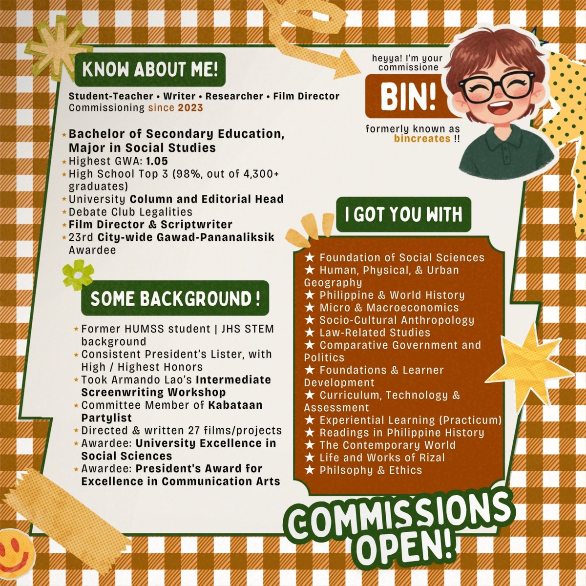 bincreatee's tweet photo. 𝐁𝐈𝐍 𝐈𝐒 𝐀𝐂𝐂𝐄𝐏𝐓𝐈𝐍𝐆 𝐂𝐎𝐌𝐌𝐈𝐒𝐒𝐈𝐎𝐍𝐒 🍀⭐️

📚 acads, thesis, &amp; research assistance

🎖: education, lesson plans, araling panlipunan, social sciences, history, politics, law 🌱

🔗 https://t.co/NwSG4VtgGP 🥞

t. lf client, commissioner, humss, polsci, beed, bsed https://t.co/EbC0groMgW