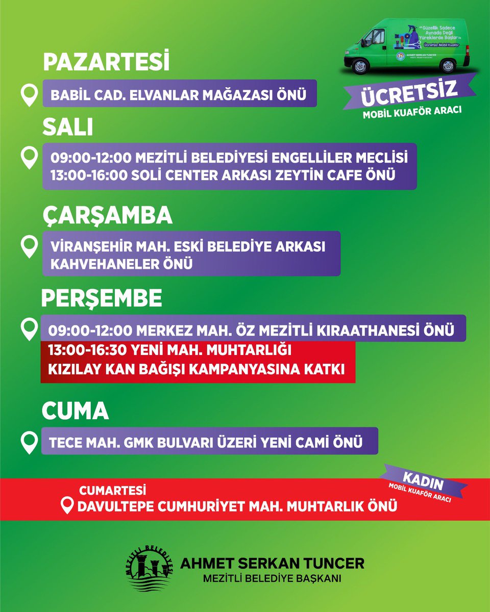 MezitliBel's tweet photo. Mobil Kuaför Aracımız, 65 yaş üstü büyüklerimiz, engelli ve kırsal mahallelerde yaşayan erkek vatandaşlarımıza ayrıca her cumartesi kadın vatandaşlarımız için kişisel bakım hizmeti vermeye devam ediyor. 🙏🏻 https://t.co/YxUekX5cG5