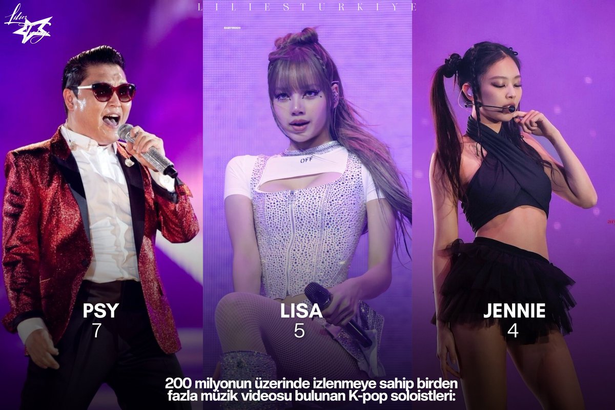 LILIESTURKIYE's tweet photo. 📊200 milyonun üzerinde izlenmeye sahip birden fazla müzik videosu bulunan K-pop soloistleri:

#1: PSY - 7
#2: #LISA - 5
#3 : JENNIE - 4 

#리사 #ลิซ่า #LALISA #LLOUD #LLOUDxLISA https://t.co/CD1lVy48ES