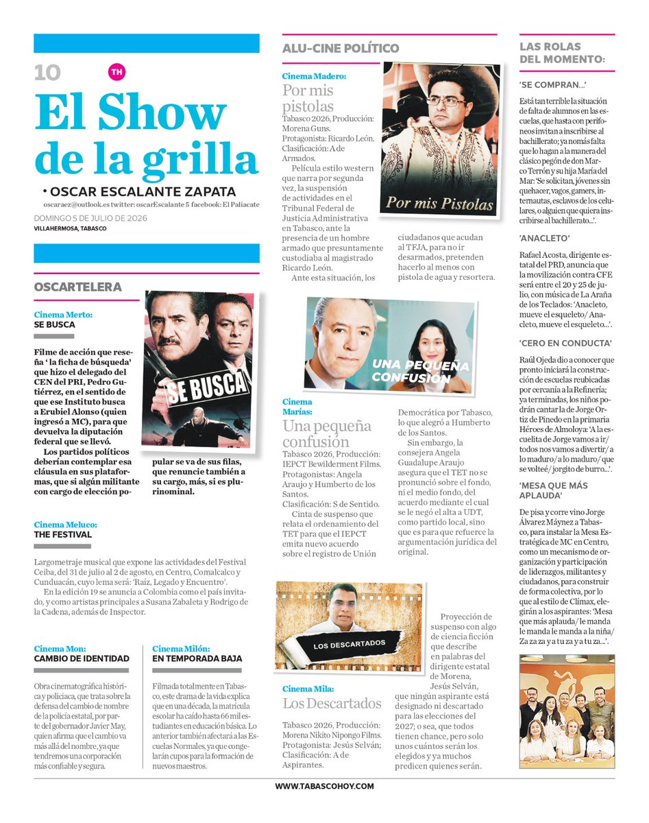 PaliacateEl's tweet photo. Buen día, les comparto la página de humor político 'El Show de la Grilla' en @TabascoHOY domingo 5 de julio de 2026: https://t.co/nKh9BWxmrd