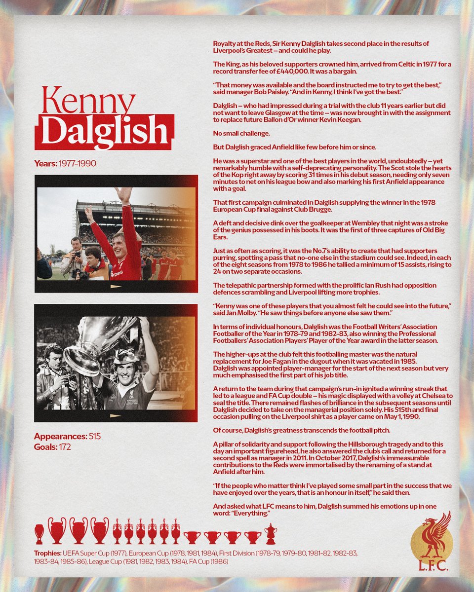 LFC's tweet photo. Liverpool's Greatest - No.2: Kenny Dalglish 👑