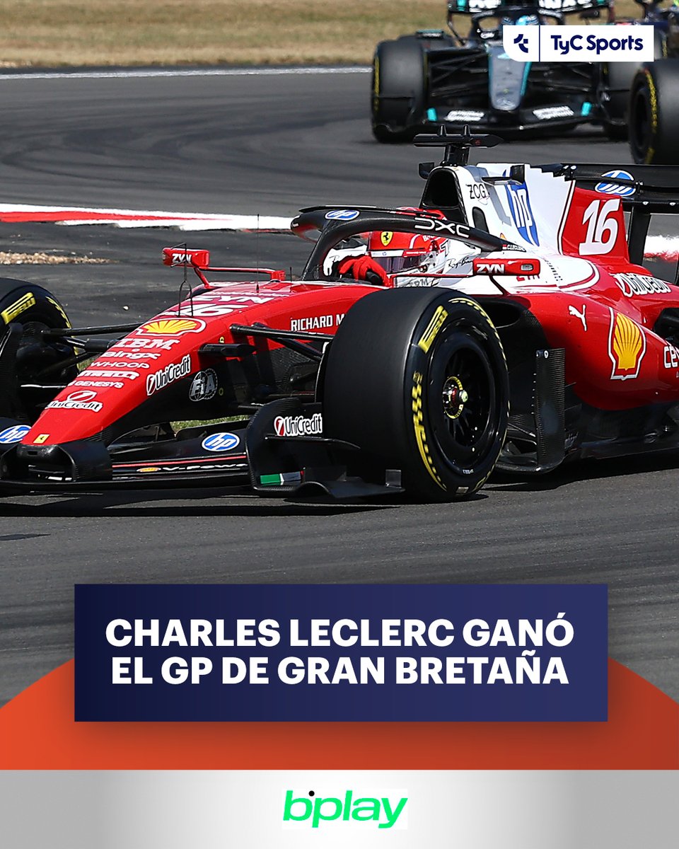 TyCSports's tweet photo. El piloto de Ferrari se quedó con el Gran Premio de Gran Bretaña. George Russell y Lewis Hamilton completaron el podio.

🤔 ¿Qué dice tu intuición? Jugá en @bplay_ar 
⚠️ Si sos menor, no podés jugar. https://t.co/aJN05QkQqa