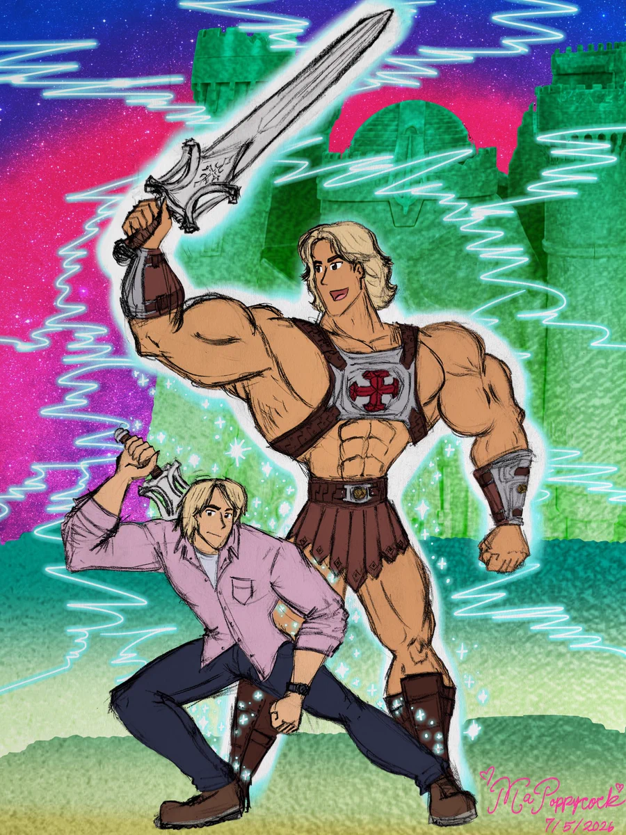 Art based on the 2026 “Masters of the Universe” movie. Adam Glenn is crouched in front holding the Sword of Power behind him with sparkles surrounding him. Behind, a very muscular He-Man holds the Power Sword up with lightning erupting from the sword. Castle Grayskull and a starry sky are in the background.