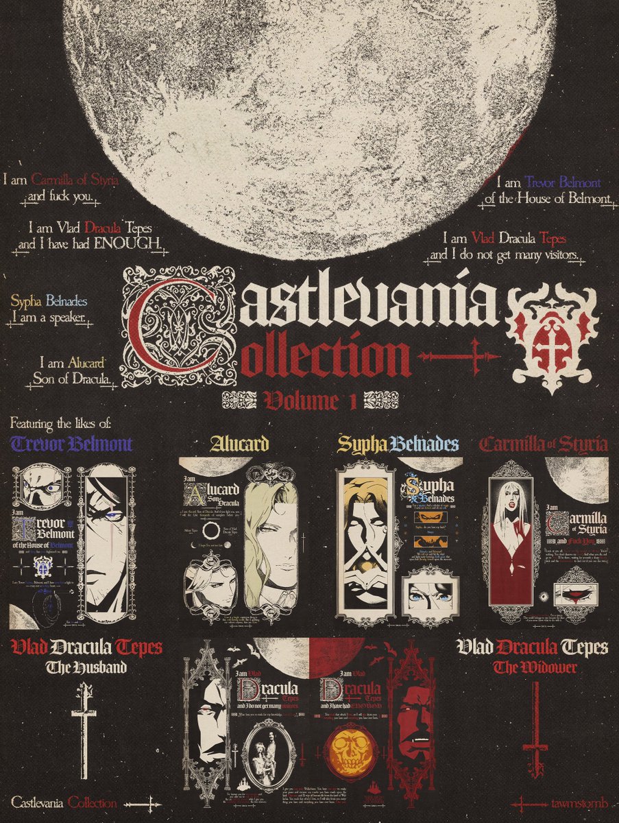 tawmsthinktank's tweet photo. volume 1 featuring the likes of: 
⋆ trevor belmont ⋆ alucard ⋆ sypha belnades ⋆ carmilla of styria ⋆ vlad dracula tepes ⋆

⋆ castlevania collection : volume 1 https://t.co/cB2qJNARH2