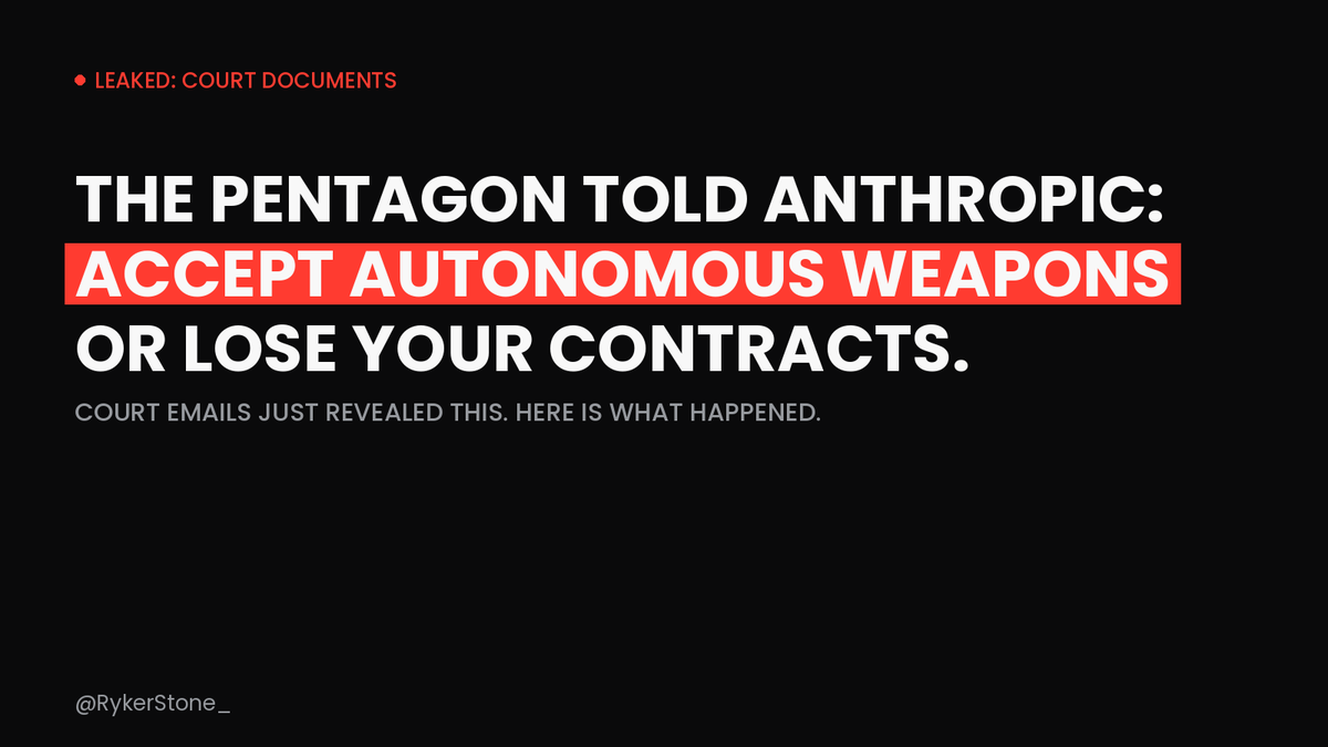 RykerStone123_'s tweet photo. Court emails just revealed the Pentagon gave Anthropic an ultimatum:

Accept autonomous weapons in your government contracts — or lose them entirely.

Here's what happened, what Anthropic did, and why this changes everything: 🧵 https://t.co/tCc0wewPGt