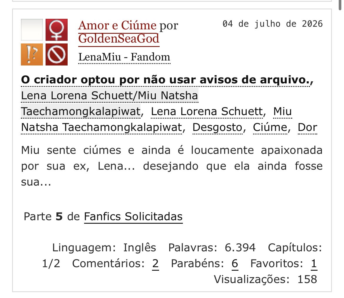 lena_miufanfics's tweet photo. “A gente se perdeu… mas nunca deixou de se amar.” 💔

https://t.co/Tx7TP45rVK

#ลีน่าหมิว #fanfictionLenaMiu 
#LenaMiu #GLfic 
#lesbianfiction https://t.co/A9nIhagWdn