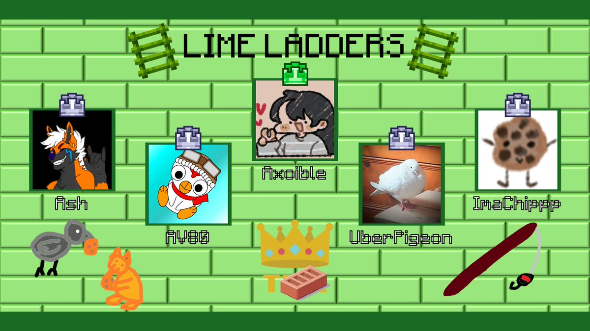 TBICEvent's tweet photo. ANNOUNCING THE LIME LADDERS!

Ash, @AV8O_, UberPigeon, &amp; ImaChippp 

And their coach @o0range38437 

Watch them become the ultimate bricks in TBRICK on Sunday, July 12th at 2pm EDT! https://t.co/qvH2prxyq9