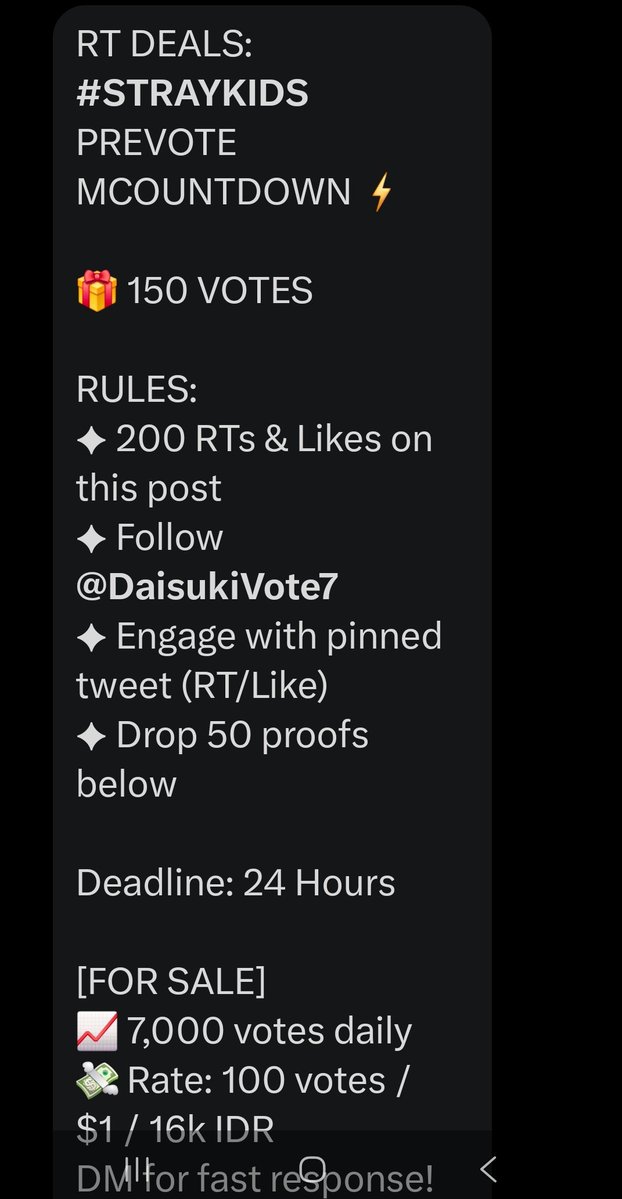 Miral_Bahaa_'s tweet photo. RT DEALS: #STRAYKIDS PREVOTE MCOUNTDOWN

​🎁150 VOTES

​RULES:
✦200 RTs &amp; Likes on this post
✦Follow @DaisukiVote7
✦RT&amp; like @DaisukiVote7 pinned tweet📌
✦Drop 50 proofs

​Deadline: 24 Hours

​[FOR SALE]
📈7,000 votes daily 
💸Rate:100 votes/$1/16k IDR
DM for fast response📩 https://t.co/s7PwDrq3o6