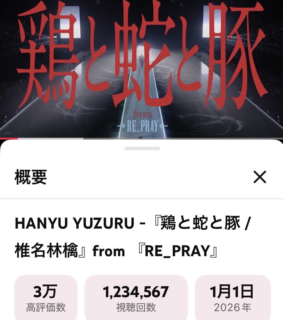 Hxfqd3's tweet photo. #羽生結弦

2026/1/1 ハチ時公開

#羽生結弦公式YouTubeチャンネル
HANYU YUZURU -『#鶏と蛇と豚 / 椎名林檎』from 『RE_PRAY』 

視聴回数 1️⃣2️⃣3️⃣4️⃣5️⃣6️⃣7️⃣万回 🐓🐍🐖

https://t.co/M8iMJNCUof @YouTube https://t.co/YR7NChRTGV