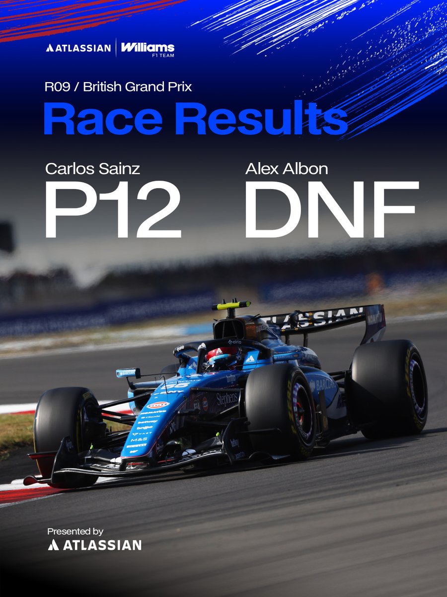 WilliamsF1's tweet photo. The British Grand Prix comes to an end under the safety car.

An unfortunate weekend for the team. After Alex had contact with Bearman on lap 1 we used the remainder of the race to gather learnings and data before retiring the car.

Presented by @Atlassian. https://t.co/8WTo8xxxvz
