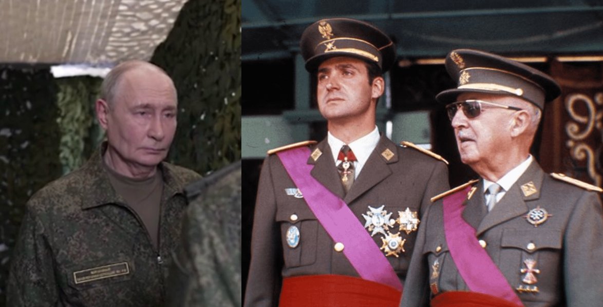 prof_preobr's tweet photo. У меня вопрос: а почему "военная форма" Путина настолько убога? 
Справа - Франсиско Франко. Фото 1960-х годов, Франко тут примерно столько же лет, сколько Путину сейчас.
Да, он уже староват, но сама по себе военная форма на нём абсолютно нормальная, смотрится прилично и солидно.
Почему Путину за все немыслимые миллиарды, которые тратятся на его содержание из госбюджета, пошили убогие курточки вахтёра?