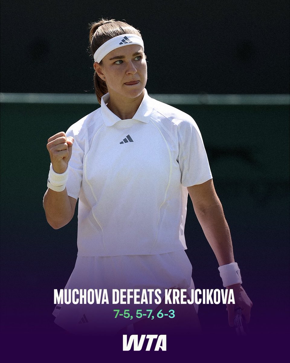 WTA's tweet photo. Quarterfinals calling 📞 

Karolina Muchova gets through to the last eight after a tough battle with Krejcikova! 

#Wimbledon https://t.co/53xu2SWX4F