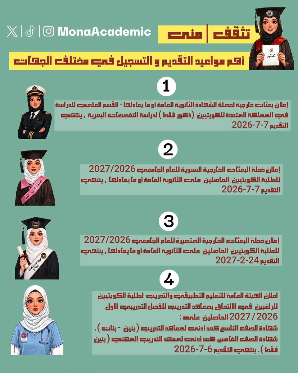 monaacademic's tweet photo. 🗓️ اهم مواعيد التقديم و التسجيل في مختلف الجهات لحملة الشهادات الثانوية 🎓 https://t.co/73aIRTYtby