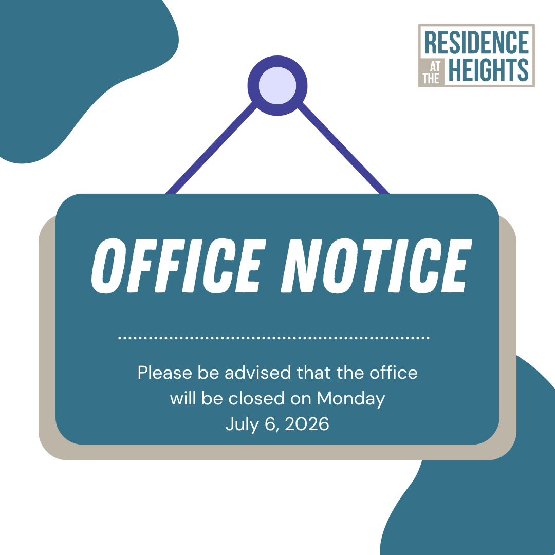 ResidenceHeigh1's tweet photo. Our office will be closed on Monday, July 6, 2026. We encourage residents to plan accordingly and submit any non-urgent requests in advance. Thank you for your understanding, and we hope you enjoy a wonderful day!
#officeupdates https://t.co/P5DqA3mZkg