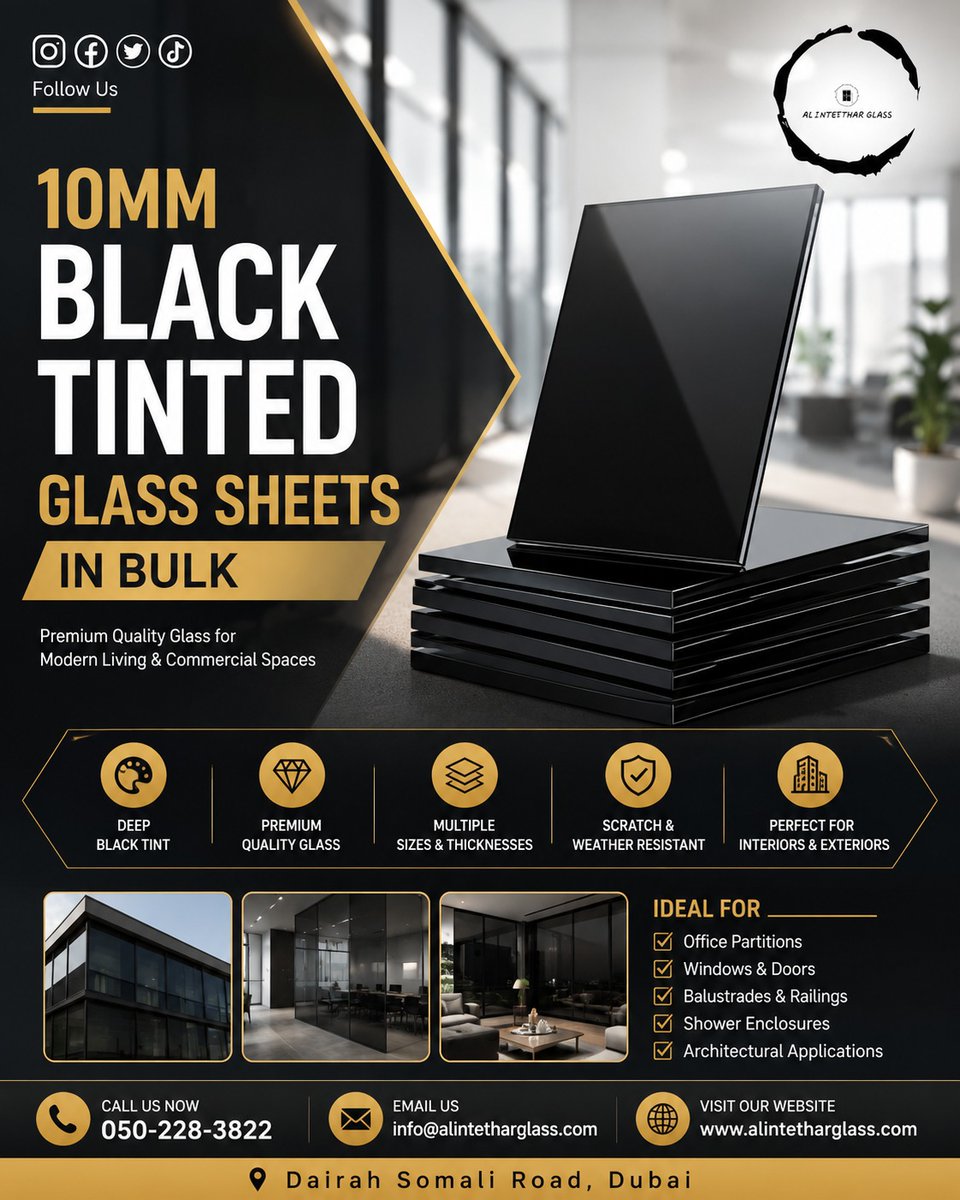 Alintharglass's tweet photo. Upgrade Your Projects with Premium 10MM Black Tinted Glass Sheets!
📍 Based in Dubai – Delivering Across UAE

📞 Call: +971 50 228 3822
📧 Email: info@alintetharglass.com
🌐 Website: https://t.co/fFQZ4cALli
💬 Message us today for wholesale pricing and instant quotations! https://t.co/wYH2VDA4Sj