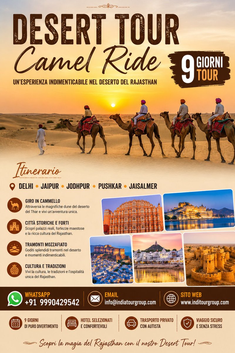 Indiatourgroup's tweet photo. 🏜️ Scopri il fascino del Rajasthan con il nostro Desert Tour di 9 Giorni! 🐪

🌐 https://t.co/qRiPare1Jg
📧 info@indiatourgroup.com
📲 WhatsApp: +91 9990429542
#IndiaTourGroup #ViaggioIndia #Rajasthan #DesertTour #CamelSafari #Delhi #Jaipur #Pushkar #Jodhpur #India #Travel https://t.co/YmEgCzkA1x